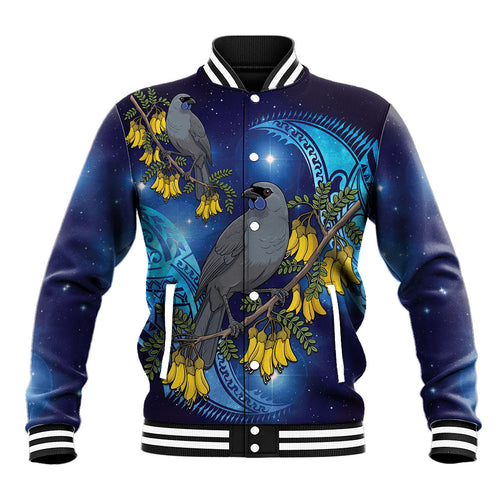 New Zealand Kokako Bird Baseball Jacket Kowhai Galaxy Style Polynesian Pattern