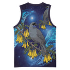New Zealand Kokako Bird Basketball Jersey Kowhai Galaxy Style Polynesian Pattern