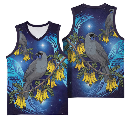New Zealand Kokako Bird Basketball Jersey Kowhai Galaxy Style Polynesian Pattern