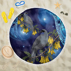 New Zealand Kokako Bird Beach Blanket Kowhai Galaxy Style Polynesian Pattern