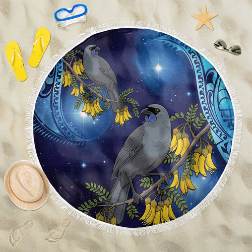 New Zealand Kokako Bird Beach Blanket Kowhai Galaxy Style Polynesian Pattern