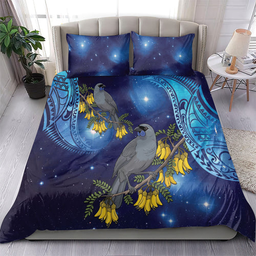 New Zealand Kokako Bird Bedding Set Kowhai Galaxy Style Polynesian Pattern