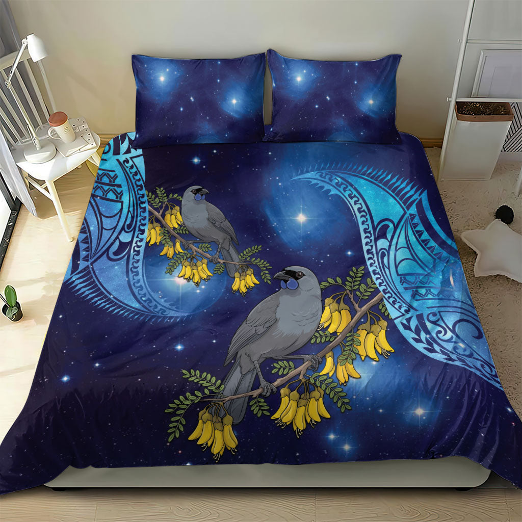 New Zealand Kokako Bird Bedding Set Kowhai Galaxy Style Polynesian Pattern