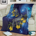 New Zealand Kokako Bird Blanket Kowhai Galaxy Style Polynesian Pattern