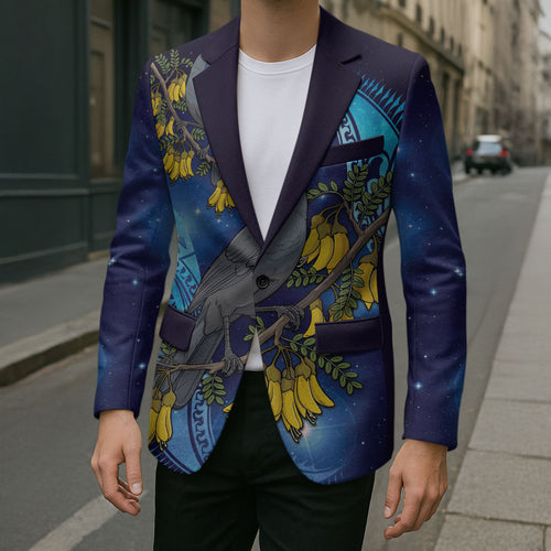 New Zealand Kokako Bird Blazer Kowhai Galaxy Style Polynesian Pattern