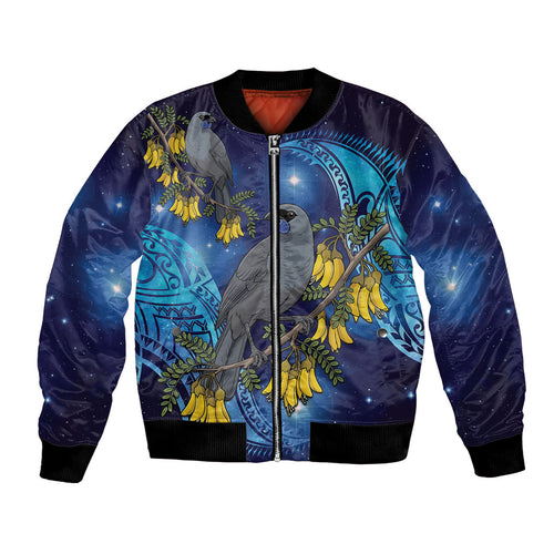New Zealand Kokako Bird Bomber Jacket Kowhai Galaxy Style Polynesian Pattern
