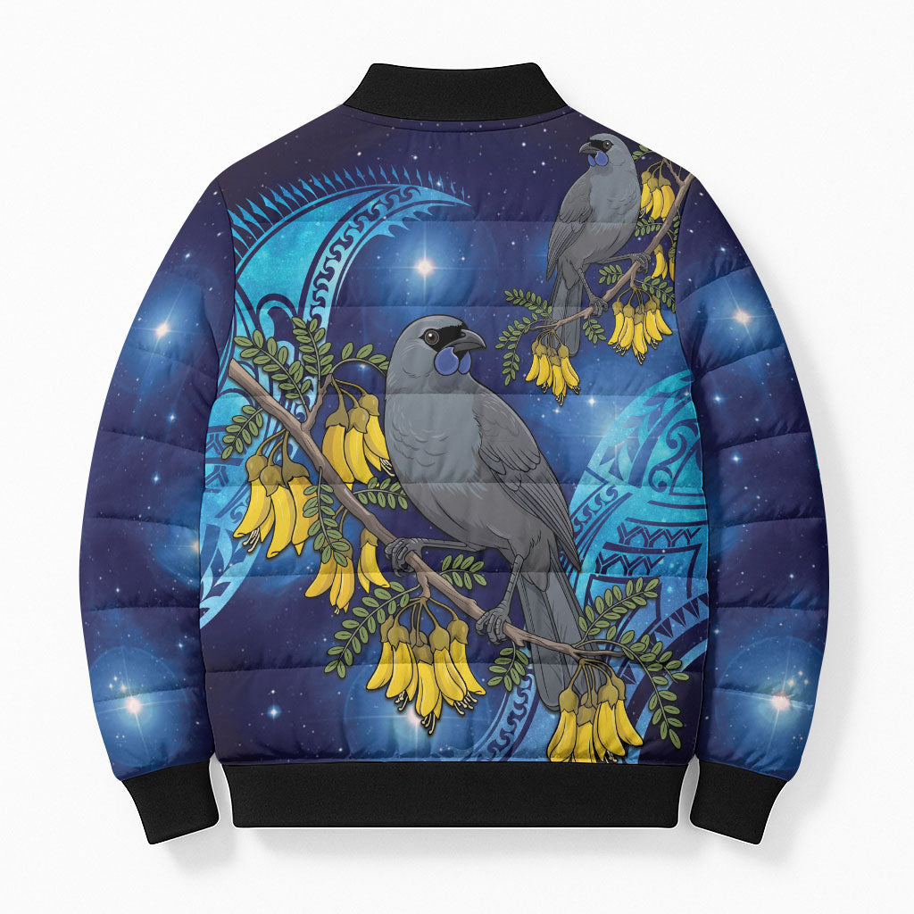 New Zealand Kokako Bird Bomber Puffer Jacket Kowhai Galaxy Style Polynesian Pattern