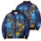 New Zealand Kokako Bird Bomber Puffer Jacket Kowhai Galaxy Style Polynesian Pattern
