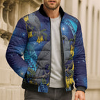 New Zealand Kokako Bird Bomber Puffer Jacket Kowhai Galaxy Style Polynesian Pattern