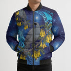 New Zealand Kokako Bird Bomber Puffer Jacket Kowhai Galaxy Style Polynesian Pattern