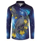 New Zealand Kokako Bird Button Sweatshirt Kowhai Galaxy Style Polynesian Pattern