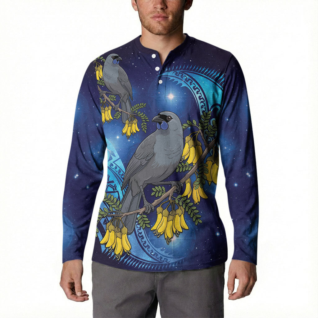 New Zealand Kokako Bird Button Sweatshirt Kowhai Galaxy Style Polynesian Pattern