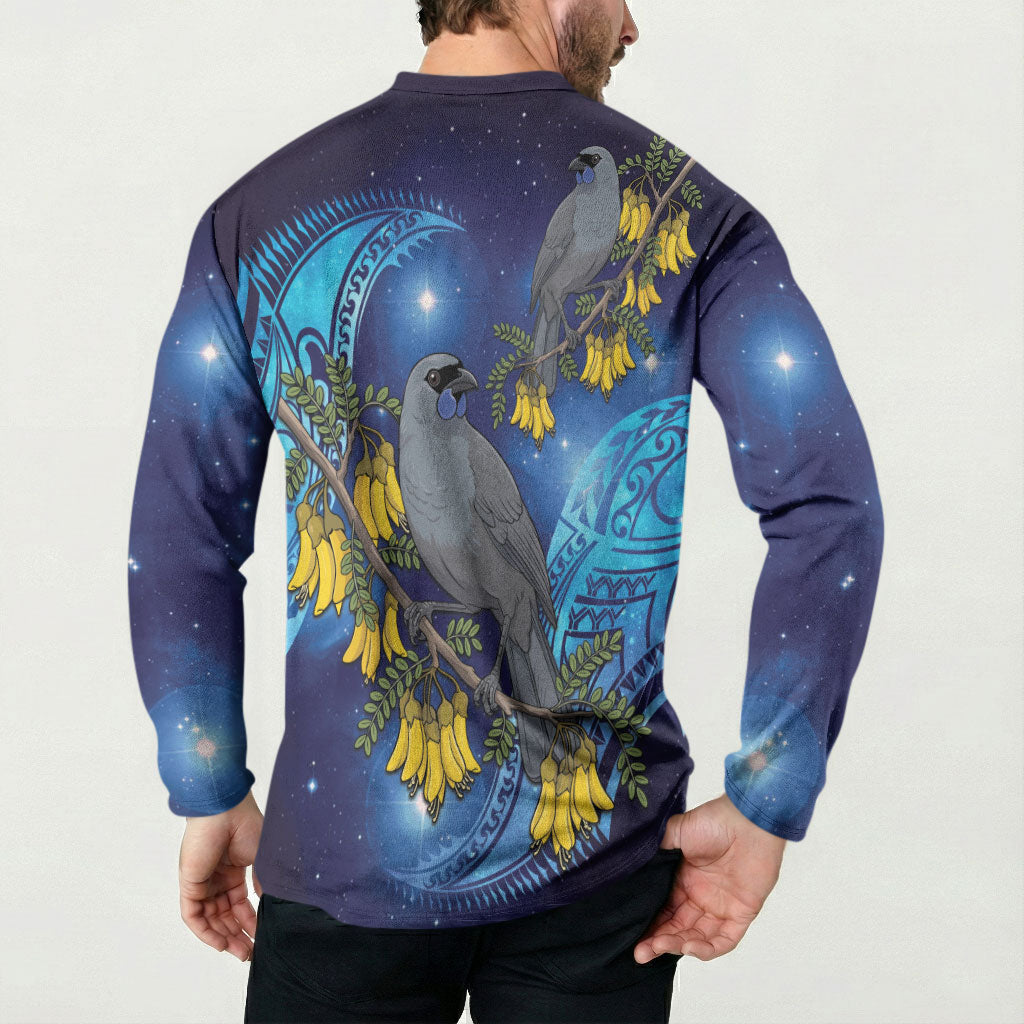 New Zealand Kokako Bird Button Sweatshirt Kowhai Galaxy Style Polynesian Pattern