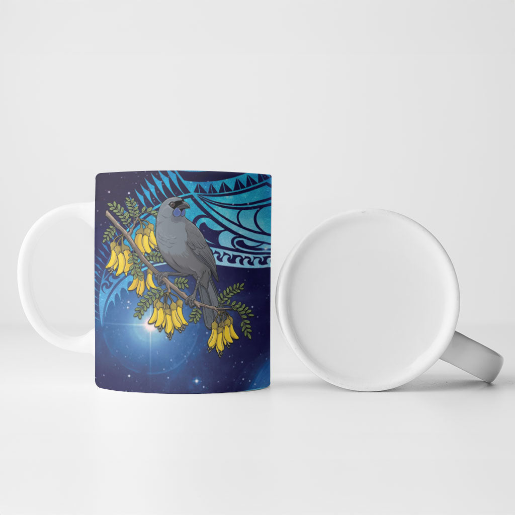 New Zealand Kokako Bird Ceramic Mug Kowhai Galaxy Style Polynesian Pattern
