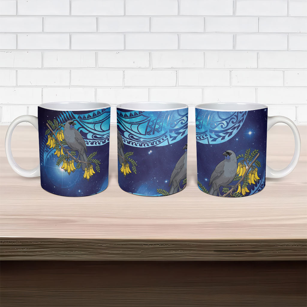 New Zealand Kokako Bird Ceramic Mug Kowhai Galaxy Style Polynesian Pattern