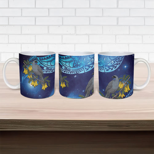 New Zealand Kokako Bird Ceramic Mug Kowhai Galaxy Style Polynesian Pattern