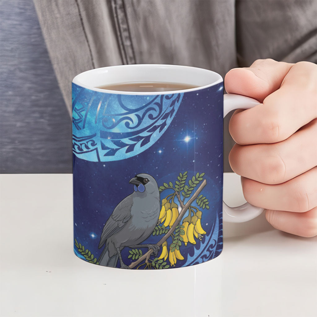 New Zealand Kokako Bird Ceramic Mug Kowhai Galaxy Style Polynesian Pattern