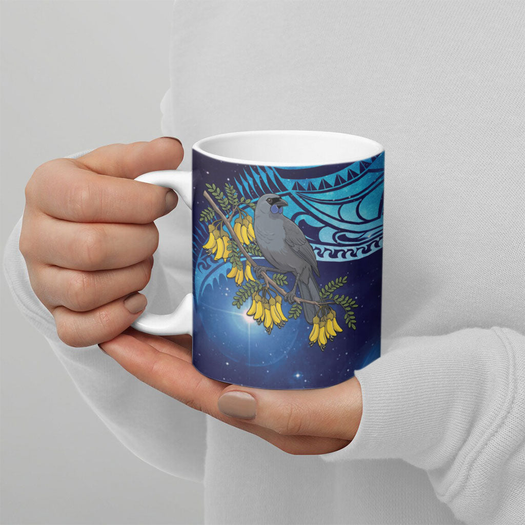 New Zealand Kokako Bird Ceramic Mug Kowhai Galaxy Style Polynesian Pattern