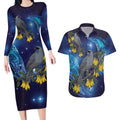 New Zealand Kokako Bird Couples Matching Long Sleeve Bodycon Dress and Hawaiian Shirt Kowhai Galaxy Style Polynesian Pattern