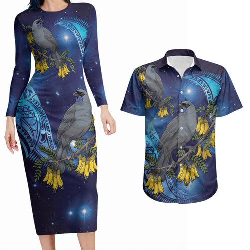 New Zealand Kokako Bird Couples Matching Long Sleeve Bodycon Dress and Hawaiian Shirt Kowhai Galaxy Style Polynesian Pattern