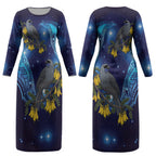 New Zealand Kokako Bird Couples Matching Long Sleeve Bodycon Dress and Hawaiian Shirt Kowhai Galaxy Style Polynesian Pattern LT22