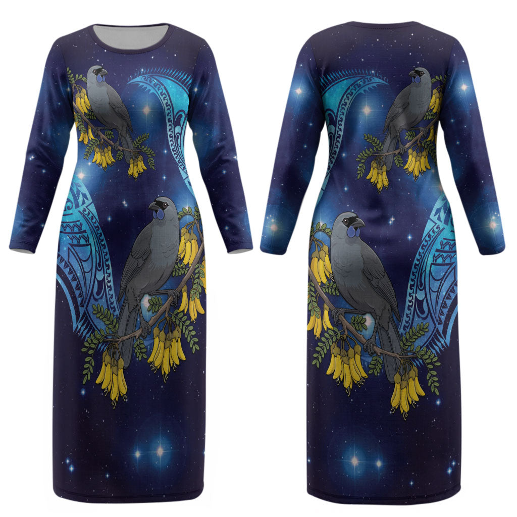 New Zealand Kokako Bird Couples Matching Long Sleeve Bodycon Dress and Hawaiian Shirt Kowhai Galaxy Style Polynesian Pattern LT22