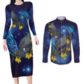 New Zealand Kokako Bird Couples Matching Long Sleeve Bodycon Dress and Long Sleeve Button Shirt Kowhai Galaxy Style Polynesian Pattern