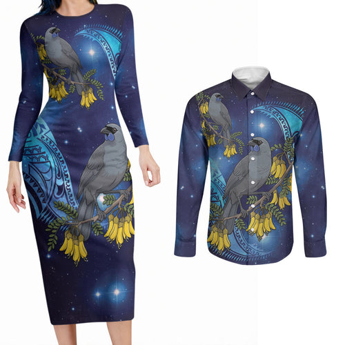 New Zealand Kokako Bird Couples Matching Long Sleeve Bodycon Dress and Long Sleeve Button Shirt Kowhai Galaxy Style Polynesian Pattern