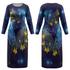New Zealand Kokako Bird Couples Matching Long Sleeve Bodycon Dress and Long Sleeve Button Shirt Kowhai Galaxy Style Polynesian Pattern LT22