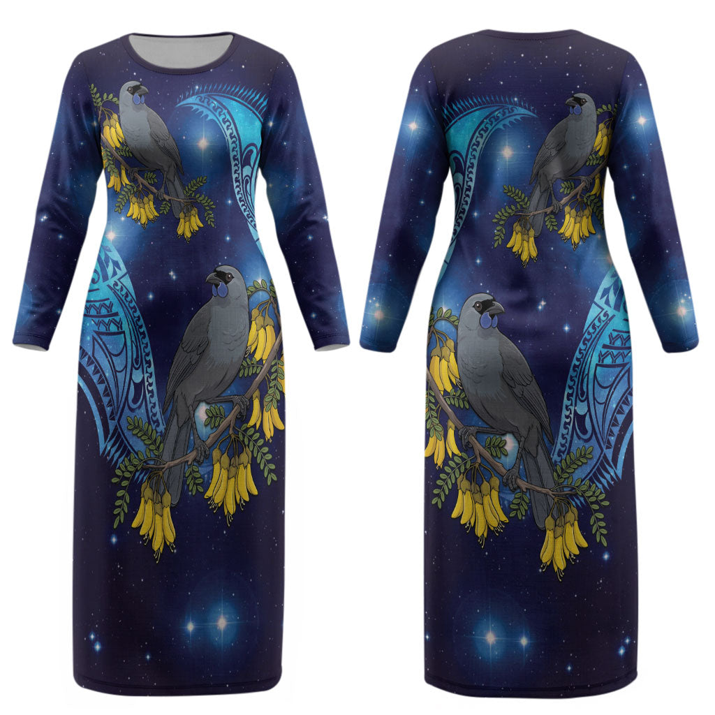New Zealand Kokako Bird Couples Matching Long Sleeve Bodycon Dress and Long Sleeve Button Shirt Kowhai Galaxy Style Polynesian Pattern LT22