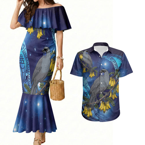 New Zealand Kokako Bird Couples Matching Mermaid Dress and Hawaiian Shirt Kowhai Galaxy Style Polynesian Pattern
