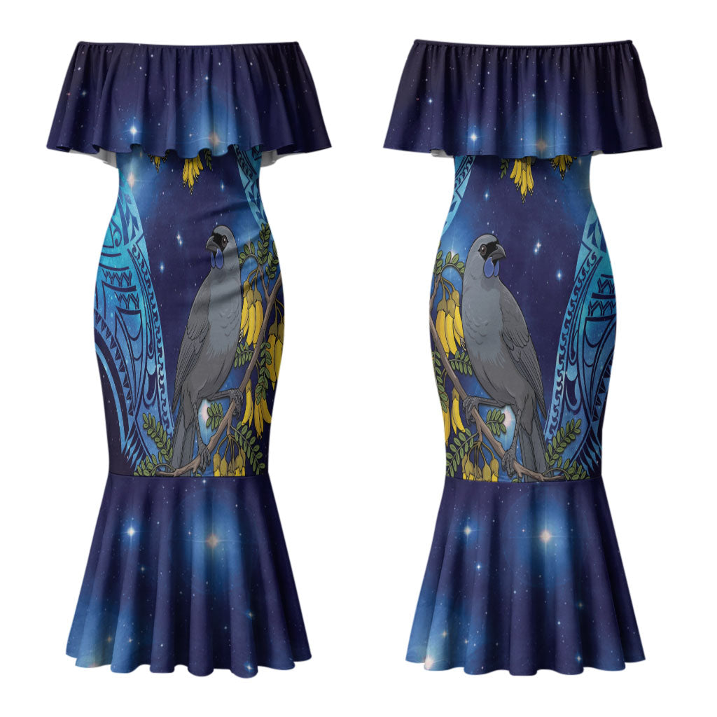 New Zealand Kokako Bird Couples Matching Mermaid Dress and Hawaiian Shirt Kowhai Galaxy Style Polynesian Pattern LT22