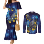 New Zealand Kokako Bird Couples Matching Mermaid Dress and Long Sleeve Button Shirt Kowhai Galaxy Style Polynesian Pattern