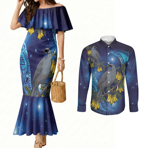 New Zealand Kokako Bird Couples Matching Mermaid Dress and Long Sleeve Button Shirt Kowhai Galaxy Style Polynesian Pattern