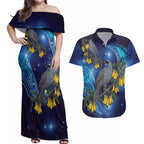 New Zealand Kokako Bird Couples Matching Off Shoulder Maxi Dress and Hawaiian Shirt Kowhai Galaxy Style Polynesian Pattern
