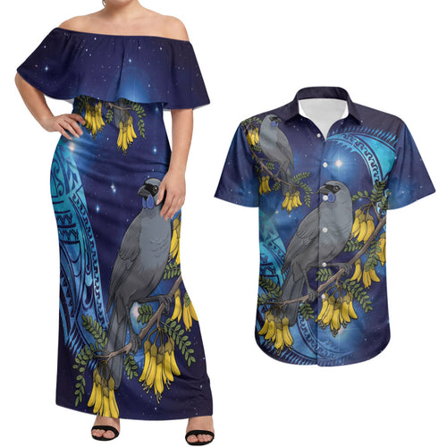 New Zealand Kokako Bird Couples Matching Off Shoulder Maxi Dress and Hawaiian Shirt Kowhai Galaxy Style Polynesian Pattern