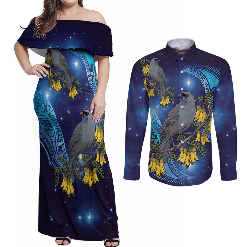 New Zealand Kokako Bird Couples Matching Off Shoulder Maxi Dress and Long Sleeve Button Shirt Kowhai Galaxy Style Polynesian Pattern