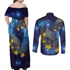 New Zealand Kokako Bird Couples Matching Off Shoulder Maxi Dress and Long Sleeve Button Shirt Kowhai Galaxy Style Polynesian Pattern