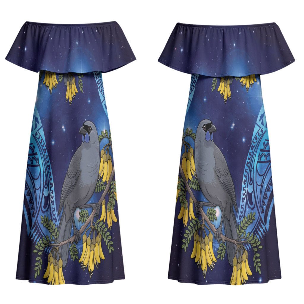 New Zealand Kokako Bird Couples Matching Off Shoulder Maxi Dress and Long Sleeve Button Shirt Kowhai Galaxy Style Polynesian Pattern LT22