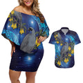New Zealand Kokako Bird Couples Matching Off Shoulder Short Dress and Hawaiian Shirt Kowhai Galaxy Style Polynesian Pattern