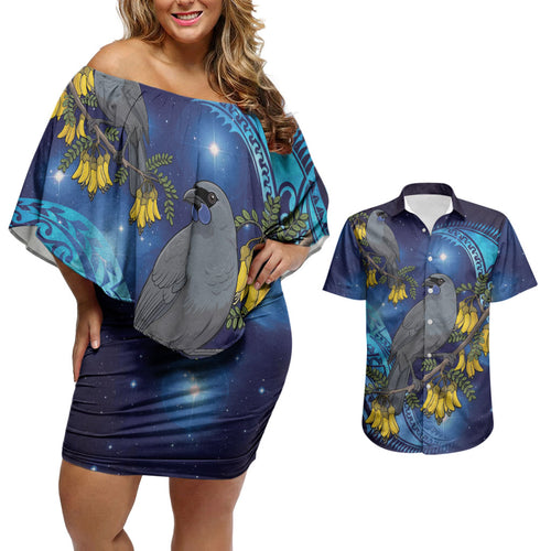 New Zealand Kokako Bird Couples Matching Off Shoulder Short Dress and Hawaiian Shirt Kowhai Galaxy Style Polynesian Pattern
