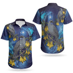 New Zealand Kokako Bird Couples Matching Off Shoulder Short Dress and Hawaiian Shirt Kowhai Galaxy Style Polynesian Pattern LT22