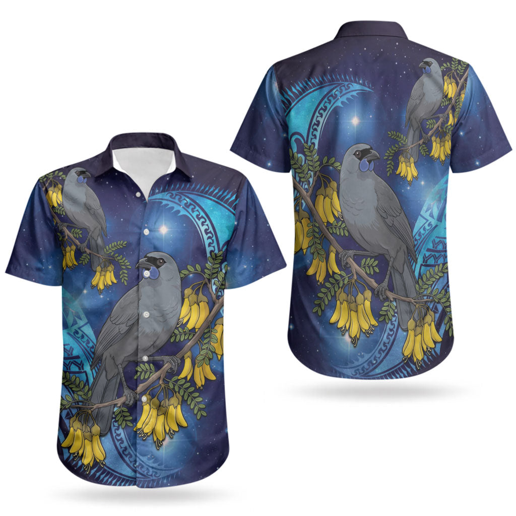 New Zealand Kokako Bird Couples Matching Off Shoulder Short Dress and Hawaiian Shirt Kowhai Galaxy Style Polynesian Pattern LT22