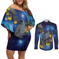 New Zealand Kokako Bird Couples Matching Off Shoulder Short Dress and Long Sleeve Button Shirt Kowhai Galaxy Style Polynesian Pattern