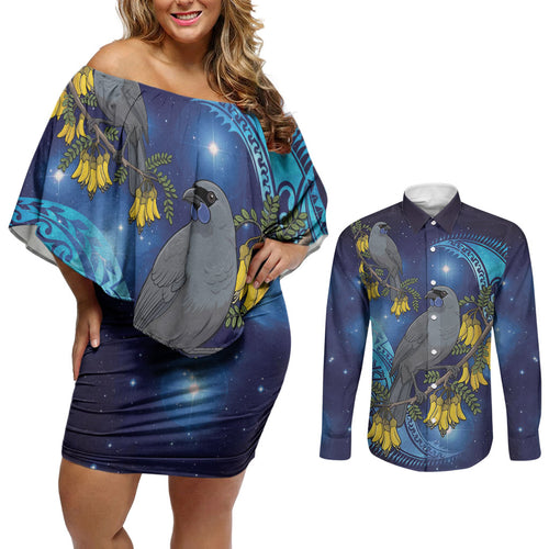 New Zealand Kokako Bird Couples Matching Off Shoulder Short Dress and Long Sleeve Button Shirt Kowhai Galaxy Style Polynesian Pattern
