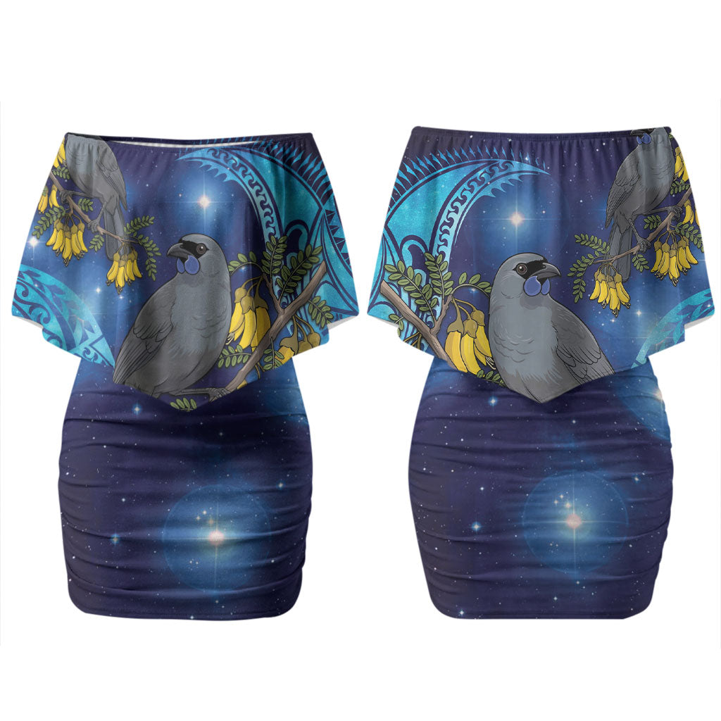 New Zealand Kokako Bird Couples Matching Off Shoulder Short Dress and Long Sleeve Button Shirt Kowhai Galaxy Style Polynesian Pattern LT22