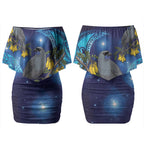 New Zealand Kokako Bird Couples Matching Off Shoulder Short Dress and Long Sleeve Button Shirt Kowhai Galaxy Style Polynesian Pattern LT22