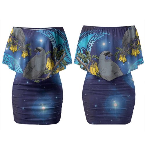 New Zealand Kokako Bird Couples Matching Off Shoulder Short Dress and Long Sleeve Button Shirt Kowhai Galaxy Style Polynesian Pattern LT22