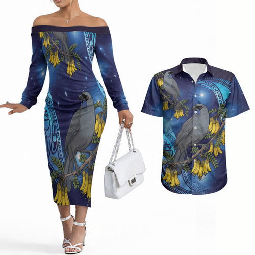 New Zealand Kokako Bird Couples Matching Off The Shoulder Long Sleeve Dress and Hawaiian Shirt Kowhai Galaxy Style Polynesian Pattern