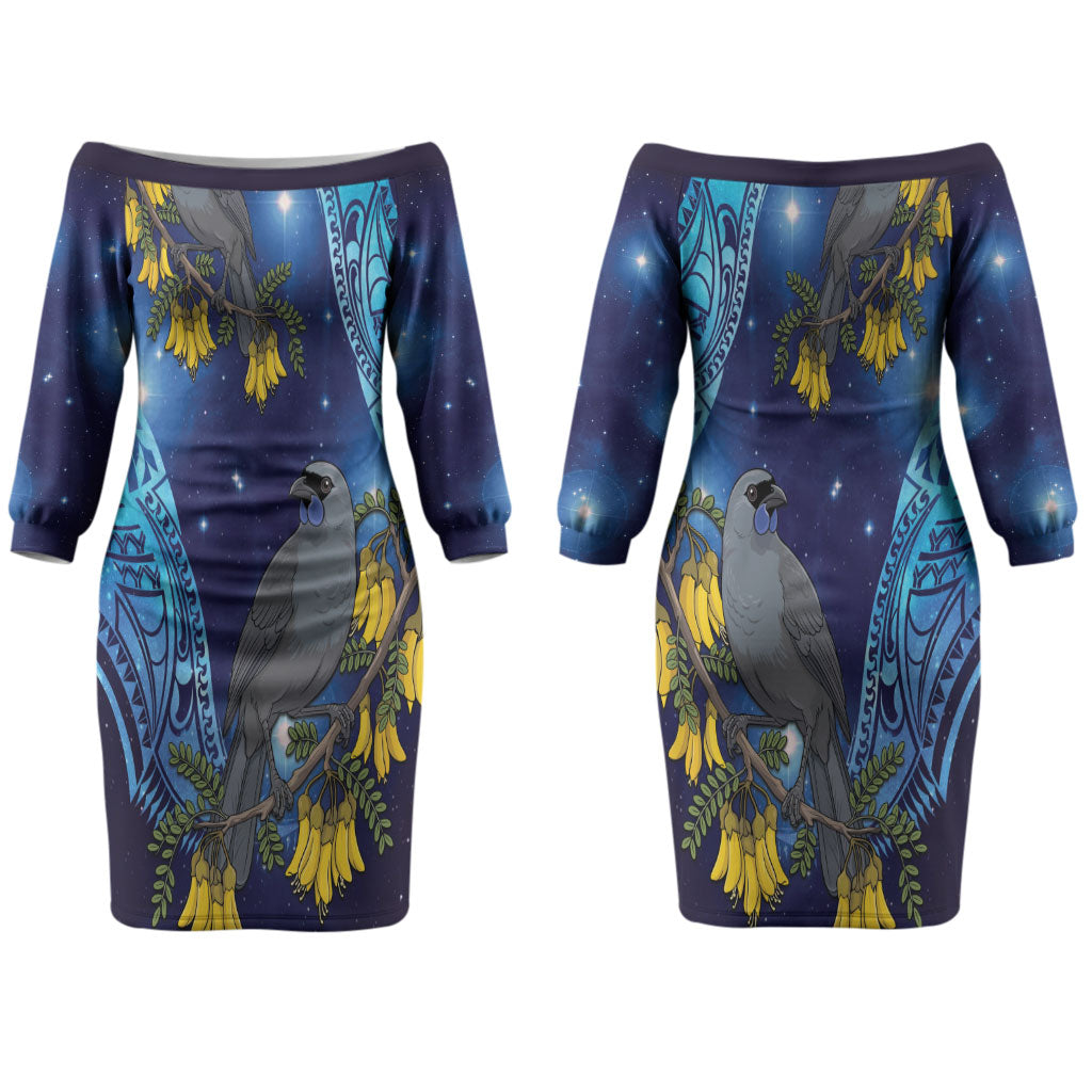 New Zealand Kokako Bird Couples Matching Off The Shoulder Long Sleeve Dress and Hawaiian Shirt Kowhai Galaxy Style Polynesian Pattern LT22